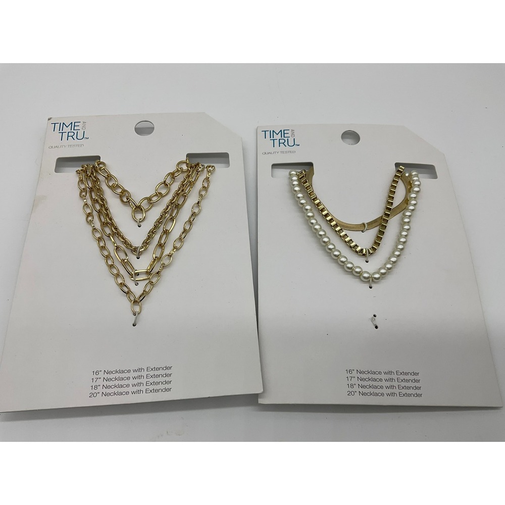 Time and Tru Necklace Set Women OS Gold‎ Pearl Layered Chain 2 Pack Bundle NEW